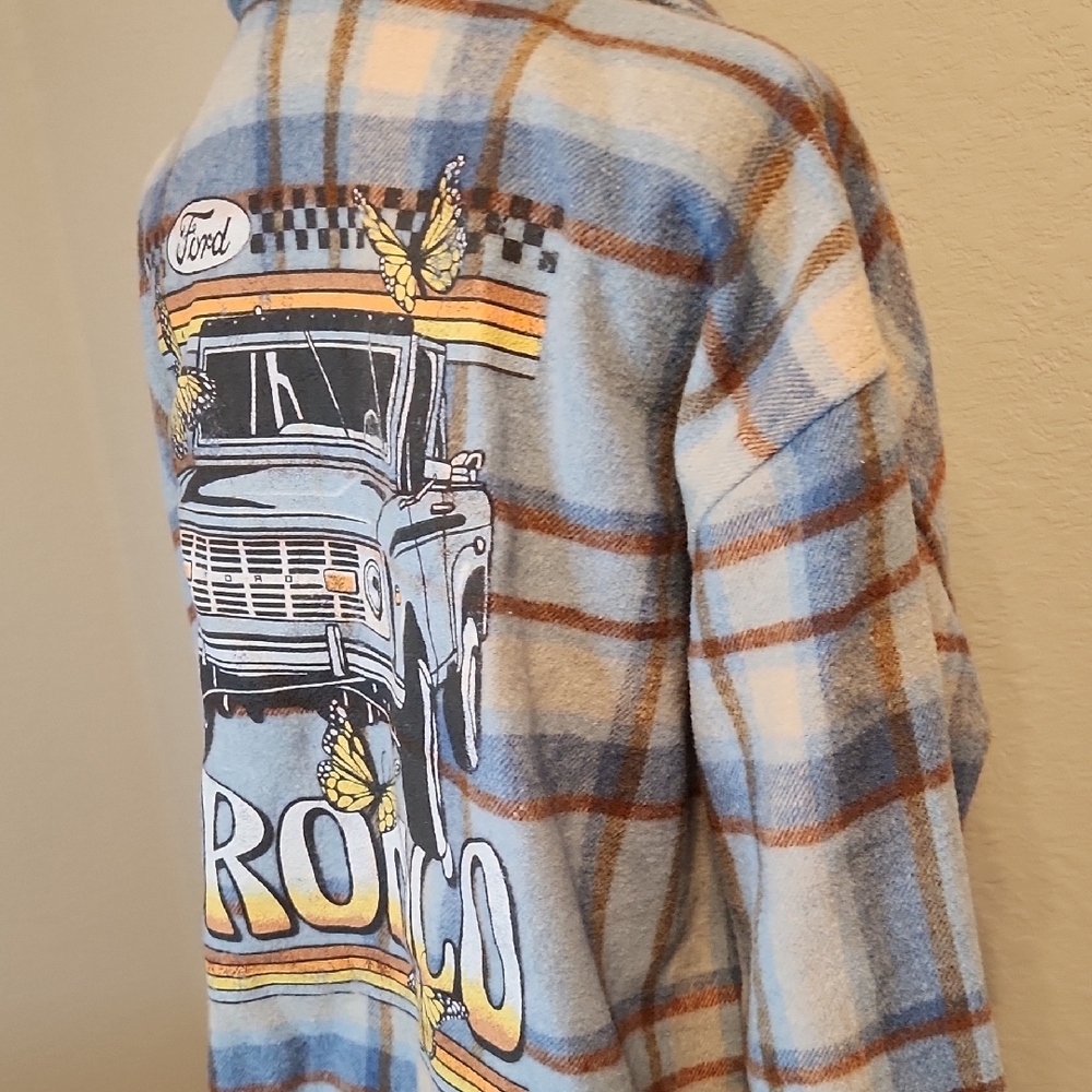 Ford Bronco Blue Brown Plaid Button Down Flannel Large - Picture 11 of 13